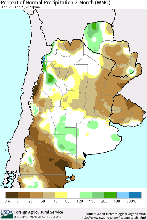 Southern South America Percent of Normal Precipitation 2-Month (WMO) Thematic Map For 2/21/2020 - 4/20/2020