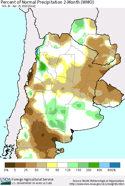 Southern South America Percent of Normal Precipitation 2-Month (WMO) Thematic Map For 2/26/2020 - 4/25/2020