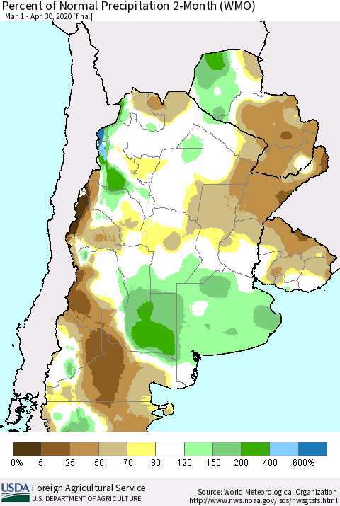 Southern South America Percent of Normal Precipitation 2-Month (WMO) Thematic Map For 3/1/2020 - 4/30/2020