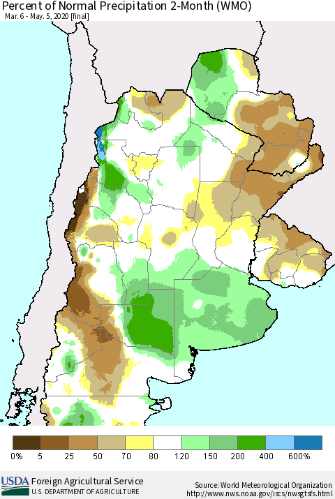Southern South America Percent of Normal Precipitation 2-Month (WMO) Thematic Map For 3/6/2020 - 5/5/2020