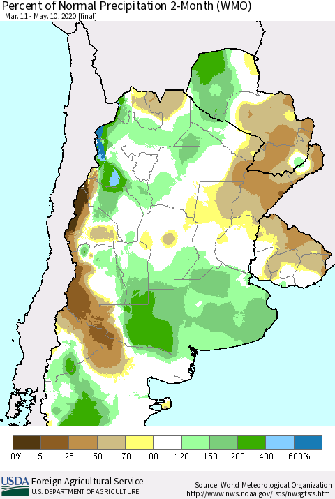 Southern South America Percent of Normal Precipitation 2-Month (WMO) Thematic Map For 3/11/2020 - 5/10/2020