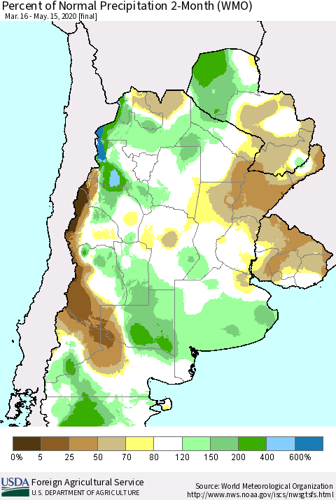 Southern South America Percent of Normal Precipitation 2-Month (WMO) Thematic Map For 3/16/2020 - 5/15/2020