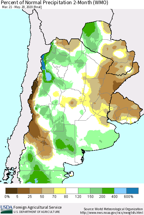 Southern South America Percent of Normal Precipitation 2-Month (WMO) Thematic Map For 3/21/2020 - 5/20/2020
