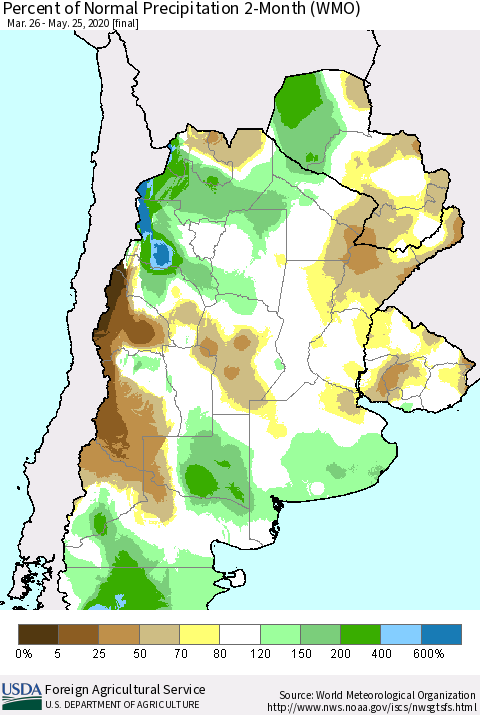 Southern South America Percent of Normal Precipitation 2-Month (WMO) Thematic Map For 3/26/2020 - 5/25/2020