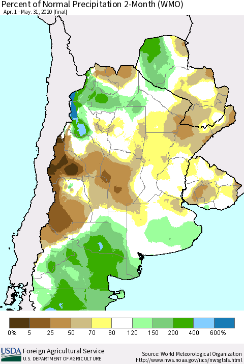 Southern South America Percent of Normal Precipitation 2-Month (WMO) Thematic Map For 4/1/2020 - 5/31/2020