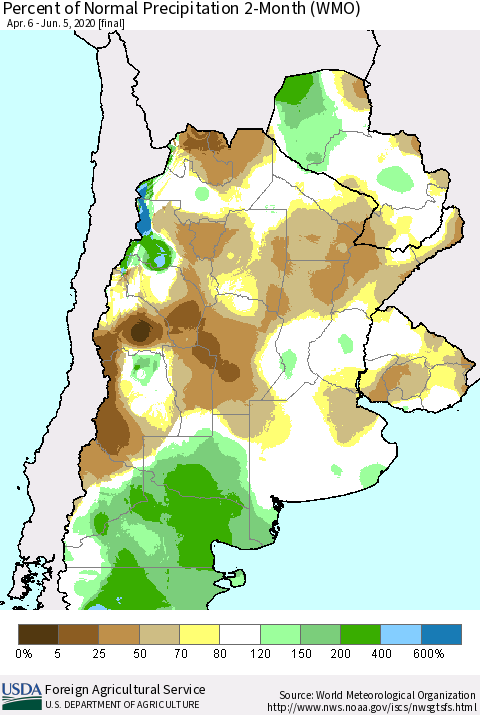Southern South America Percent of Normal Precipitation 2-Month (WMO) Thematic Map For 4/6/2020 - 6/5/2020
