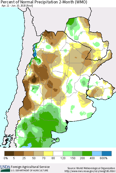Southern South America Percent of Normal Precipitation 2-Month (WMO) Thematic Map For 4/11/2020 - 6/10/2020