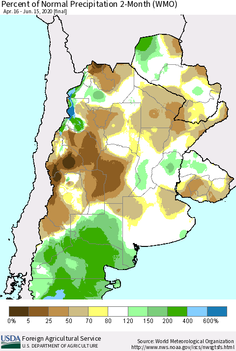 Southern South America Percent of Normal Precipitation 2-Month (WMO) Thematic Map For 4/16/2020 - 6/15/2020
