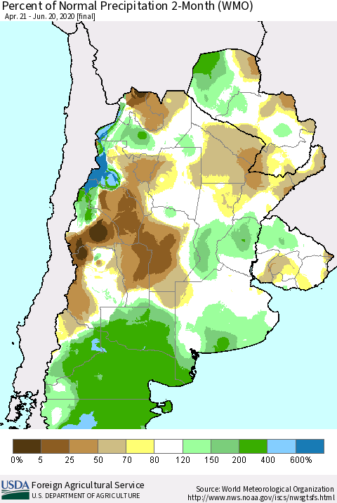 Southern South America Percent of Normal Precipitation 2-Month (WMO) Thematic Map For 4/21/2020 - 6/20/2020