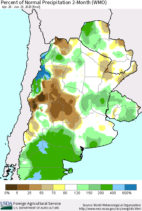 Southern South America Percent of Normal Precipitation 2-Month (WMO) Thematic Map For 4/26/2020 - 6/25/2020