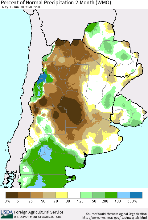 Southern South America Percent of Normal Precipitation 2-Month (WMO) Thematic Map For 5/1/2020 - 6/30/2020
