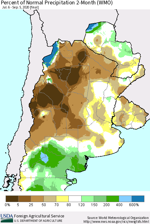 Southern South America Percent of Normal Precipitation 2-Month (WMO) Thematic Map For 7/6/2020 - 9/5/2020