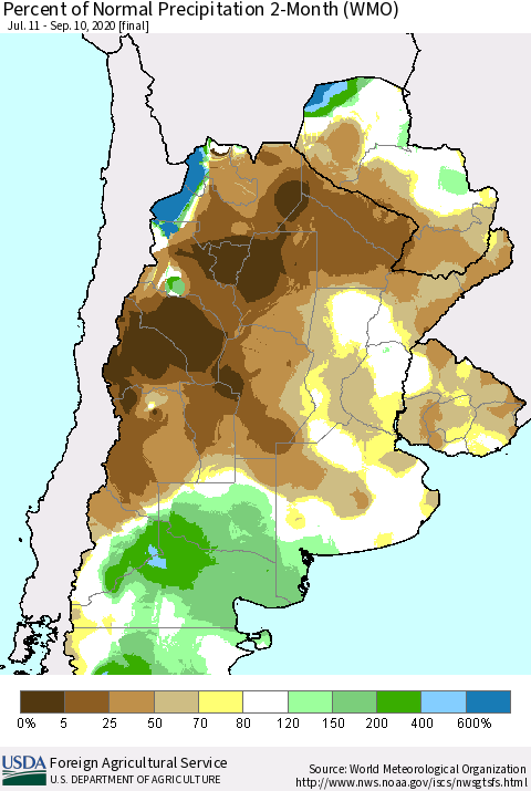 Southern South America Percent of Normal Precipitation 2-Month (WMO) Thematic Map For 7/11/2020 - 9/10/2020