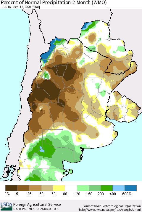 Southern South America Percent of Normal Precipitation 2-Month (WMO) Thematic Map For 7/16/2020 - 9/15/2020
