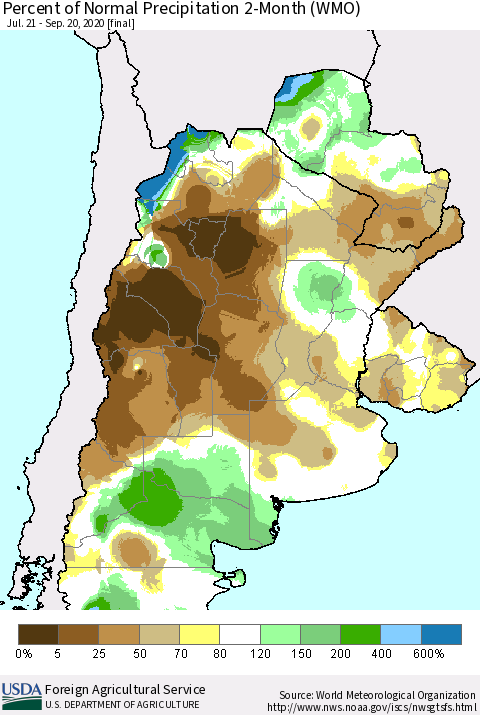 Southern South America Percent of Normal Precipitation 2-Month (WMO) Thematic Map For 7/21/2020 - 9/20/2020