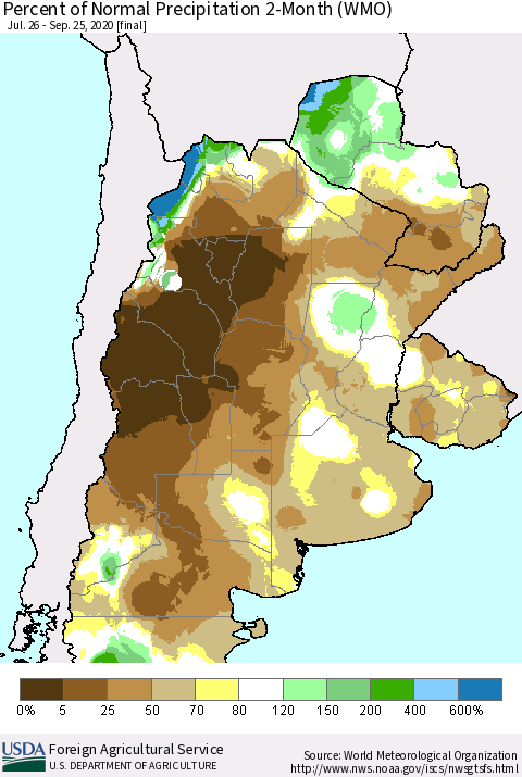 Southern South America Percent of Normal Precipitation 2-Month (WMO) Thematic Map For 7/26/2020 - 9/25/2020