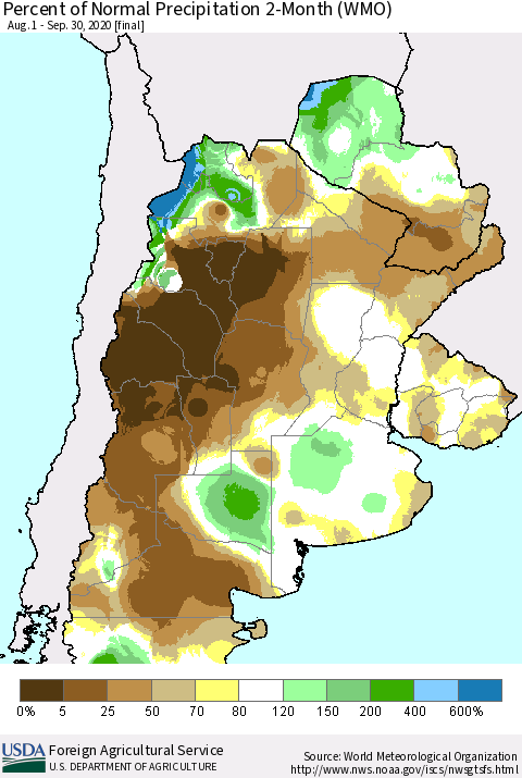 Southern South America Percent of Normal Precipitation 2-Month (WMO) Thematic Map For 8/1/2020 - 9/30/2020
