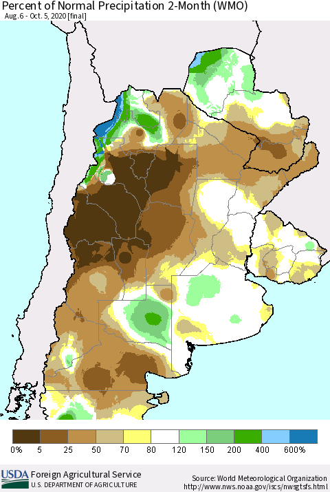 Southern South America Percent of Normal Precipitation 2-Month (WMO) Thematic Map For 8/6/2020 - 10/5/2020