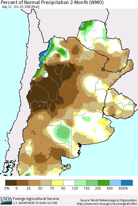 Southern South America Percent of Normal Precipitation 2-Month (WMO) Thematic Map For 8/11/2020 - 10/10/2020
