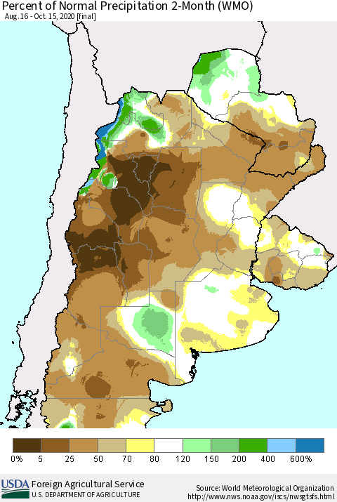 Southern South America Percent of Normal Precipitation 2-Month (WMO) Thematic Map For 8/16/2020 - 10/15/2020