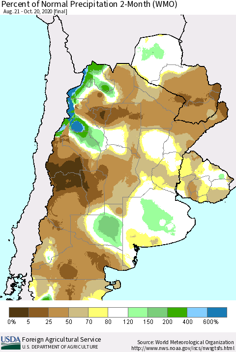 Southern South America Percent of Normal Precipitation 2-Month (WMO) Thematic Map For 8/21/2020 - 10/20/2020