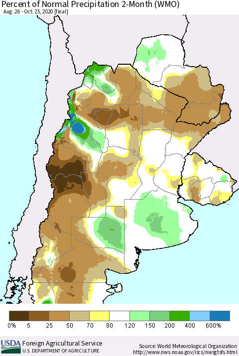 Southern South America Percent of Normal Precipitation 2-Month (WMO) Thematic Map For 8/26/2020 - 10/25/2020
