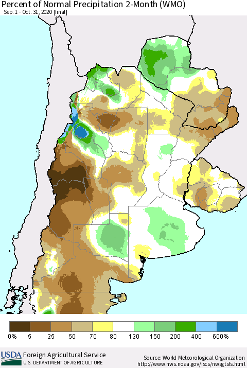 Southern South America Percent of Normal Precipitation 2-Month (WMO) Thematic Map For 9/1/2020 - 10/31/2020