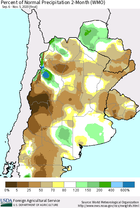 Southern South America Percent of Normal Precipitation 2-Month (WMO) Thematic Map For 9/6/2020 - 11/5/2020