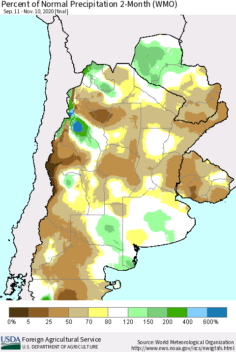 Southern South America Percent of Normal Precipitation 2-Month (WMO) Thematic Map For 9/11/2020 - 11/10/2020