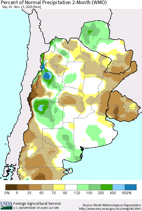 Southern South America Percent of Normal Precipitation 2-Month (WMO) Thematic Map For 9/16/2020 - 11/15/2020