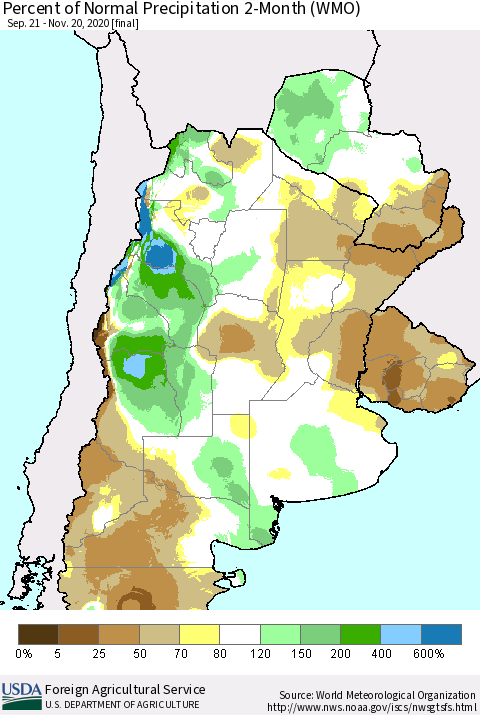 Southern South America Percent of Normal Precipitation 2-Month (WMO) Thematic Map For 9/21/2020 - 11/20/2020