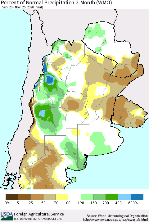 Southern South America Percent of Normal Precipitation 2-Month (WMO) Thematic Map For 9/26/2020 - 11/25/2020