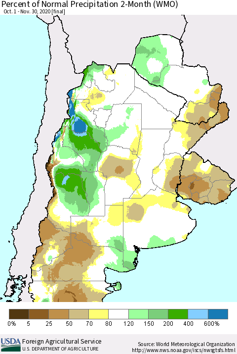 Southern South America Percent of Normal Precipitation 2-Month (WMO) Thematic Map For 10/1/2020 - 11/30/2020