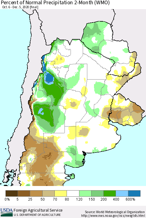 Southern South America Percent of Normal Precipitation 2-Month (WMO) Thematic Map For 10/6/2020 - 12/5/2020