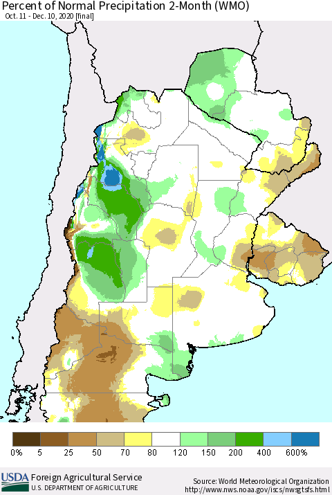 Southern South America Percent of Normal Precipitation 2-Month (WMO) Thematic Map For 10/11/2020 - 12/10/2020