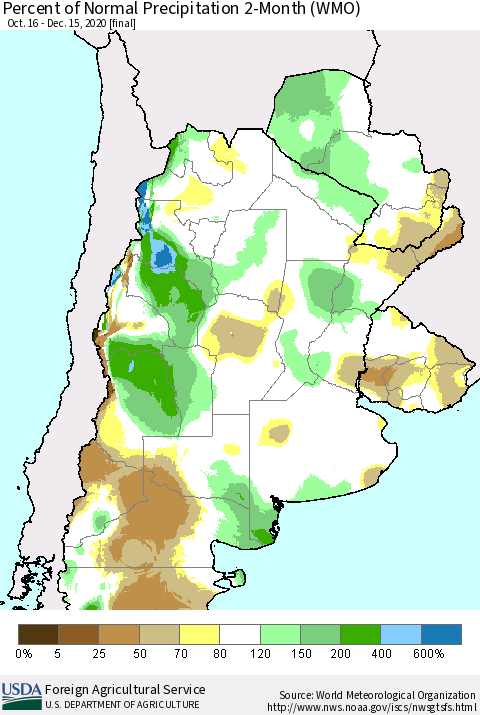 Southern South America Percent of Normal Precipitation 2-Month (WMO) Thematic Map For 10/16/2020 - 12/15/2020