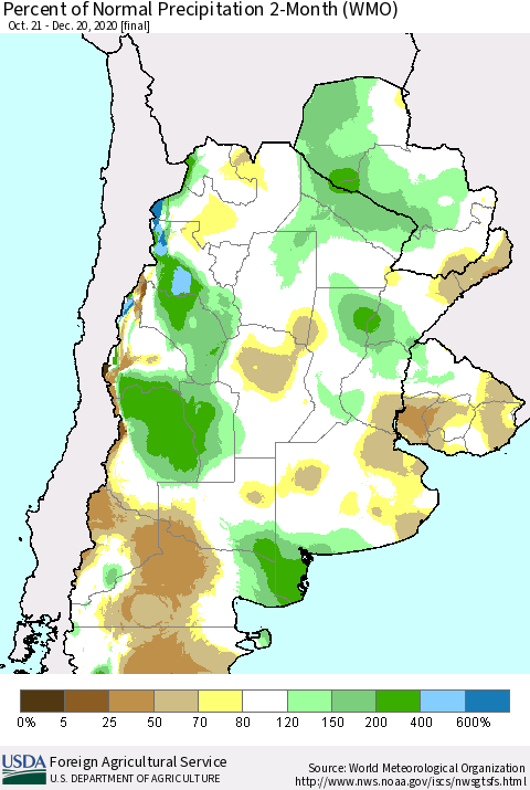 Southern South America Percent of Normal Precipitation 2-Month (WMO) Thematic Map For 10/21/2020 - 12/20/2020