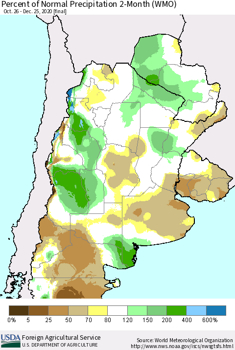 Southern South America Percent of Normal Precipitation 2-Month (WMO) Thematic Map For 10/26/2020 - 12/25/2020