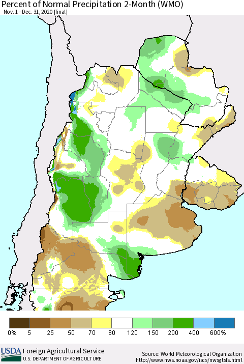 Southern South America Percent of Normal Precipitation 2-Month (WMO) Thematic Map For 11/1/2020 - 12/31/2020