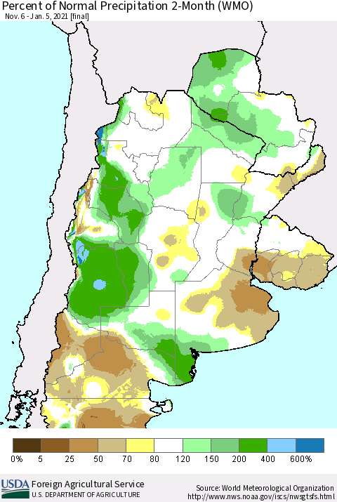 Southern South America Percent of Normal Precipitation 2-Month (WMO) Thematic Map For 11/6/2020 - 1/5/2021