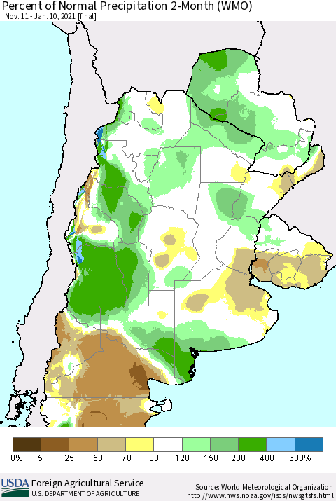 Southern South America Percent of Normal Precipitation 2-Month (WMO) Thematic Map For 11/11/2020 - 1/10/2021