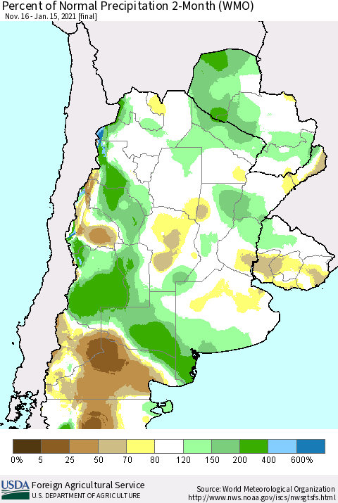 Southern South America Percent of Normal Precipitation 2-Month (WMO) Thematic Map For 11/16/2020 - 1/15/2021