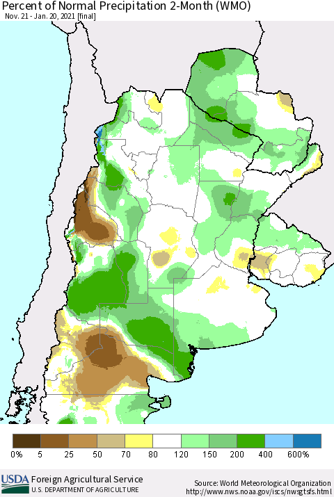 Southern South America Percent of Normal Precipitation 2-Month (WMO) Thematic Map For 11/21/2020 - 1/20/2021