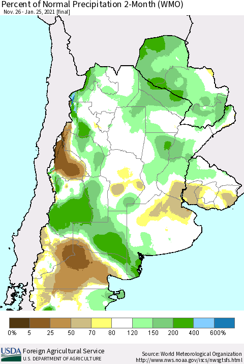 Southern South America Percent of Normal Precipitation 2-Month (WMO) Thematic Map For 11/26/2020 - 1/25/2021
