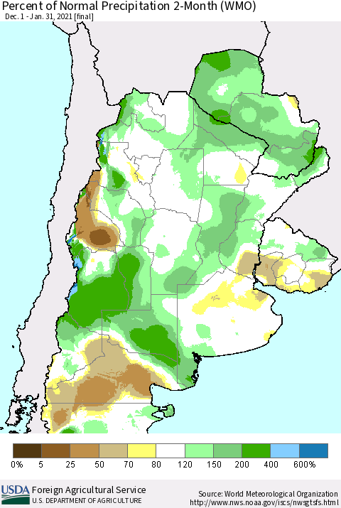 Southern South America Percent of Normal Precipitation 2-Month (WMO) Thematic Map For 12/1/2020 - 1/31/2021