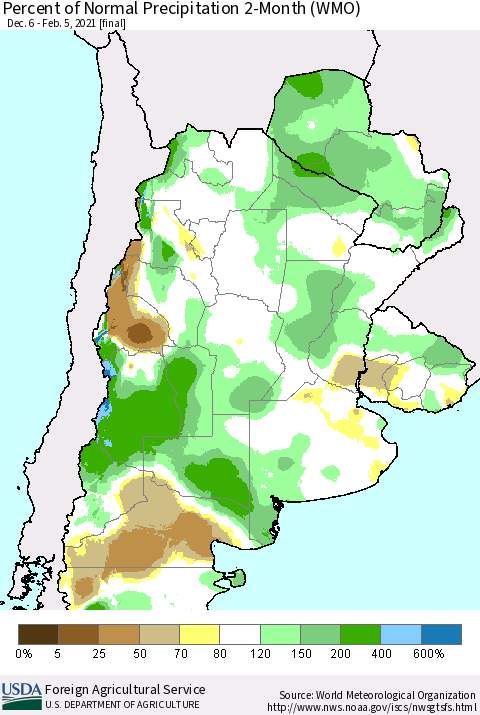Southern South America Percent of Normal Precipitation 2-Month (WMO) Thematic Map For 12/6/2020 - 2/5/2021