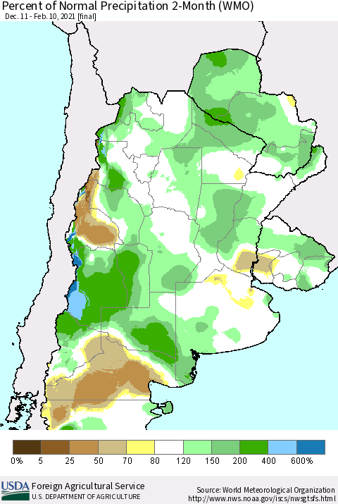 Southern South America Percent of Normal Precipitation 2-Month (WMO) Thematic Map For 12/11/2020 - 2/10/2021
