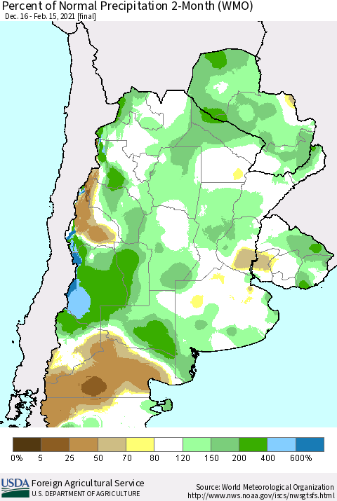 Southern South America Percent of Normal Precipitation 2-Month (WMO) Thematic Map For 12/16/2020 - 2/15/2021