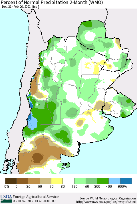 Southern South America Percent of Normal Precipitation 2-Month (WMO) Thematic Map For 12/21/2020 - 2/20/2021