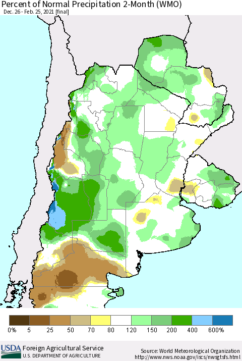 Southern South America Percent of Normal Precipitation 2-Month (WMO) Thematic Map For 12/26/2020 - 2/25/2021